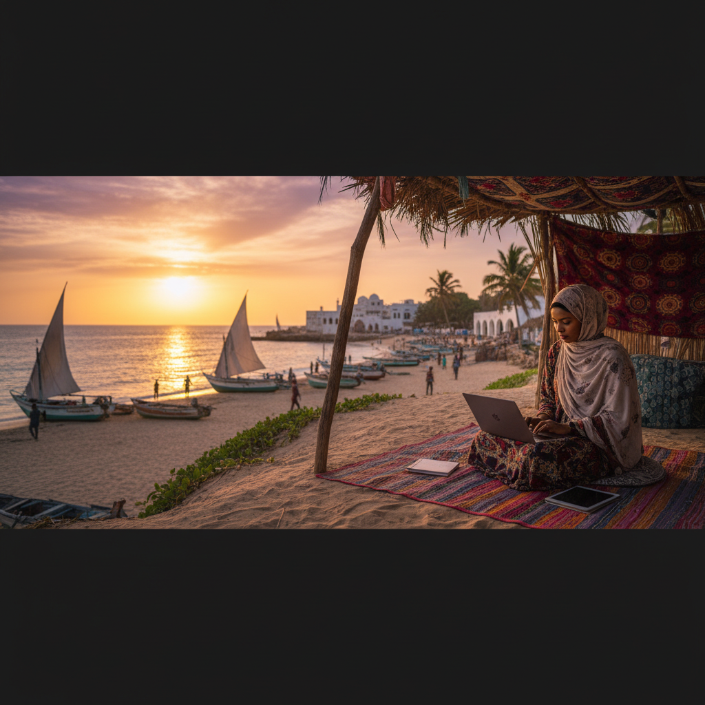 Somali entrepreneur working on laptop horizontal