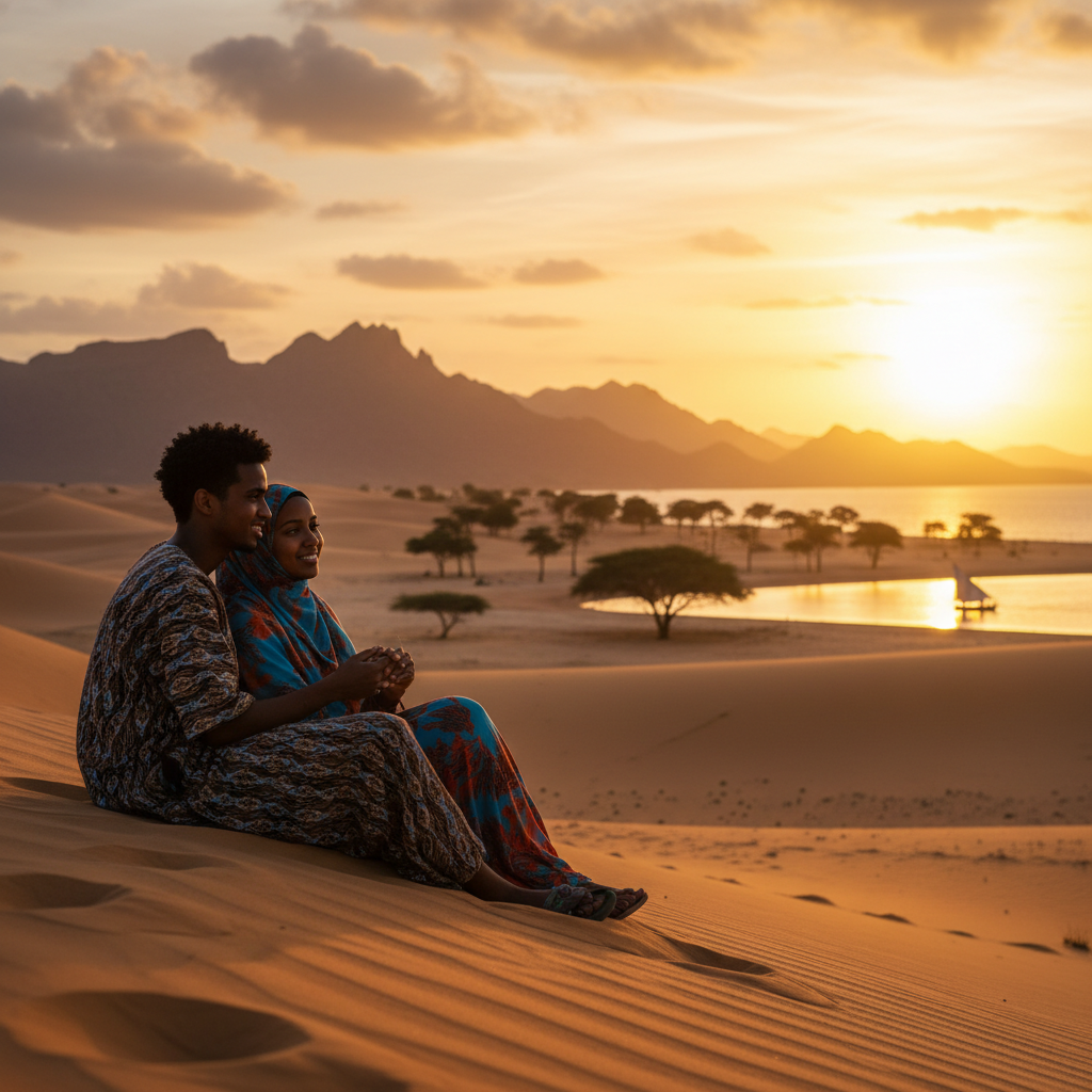 Somali park romantic couple sitting horizontal