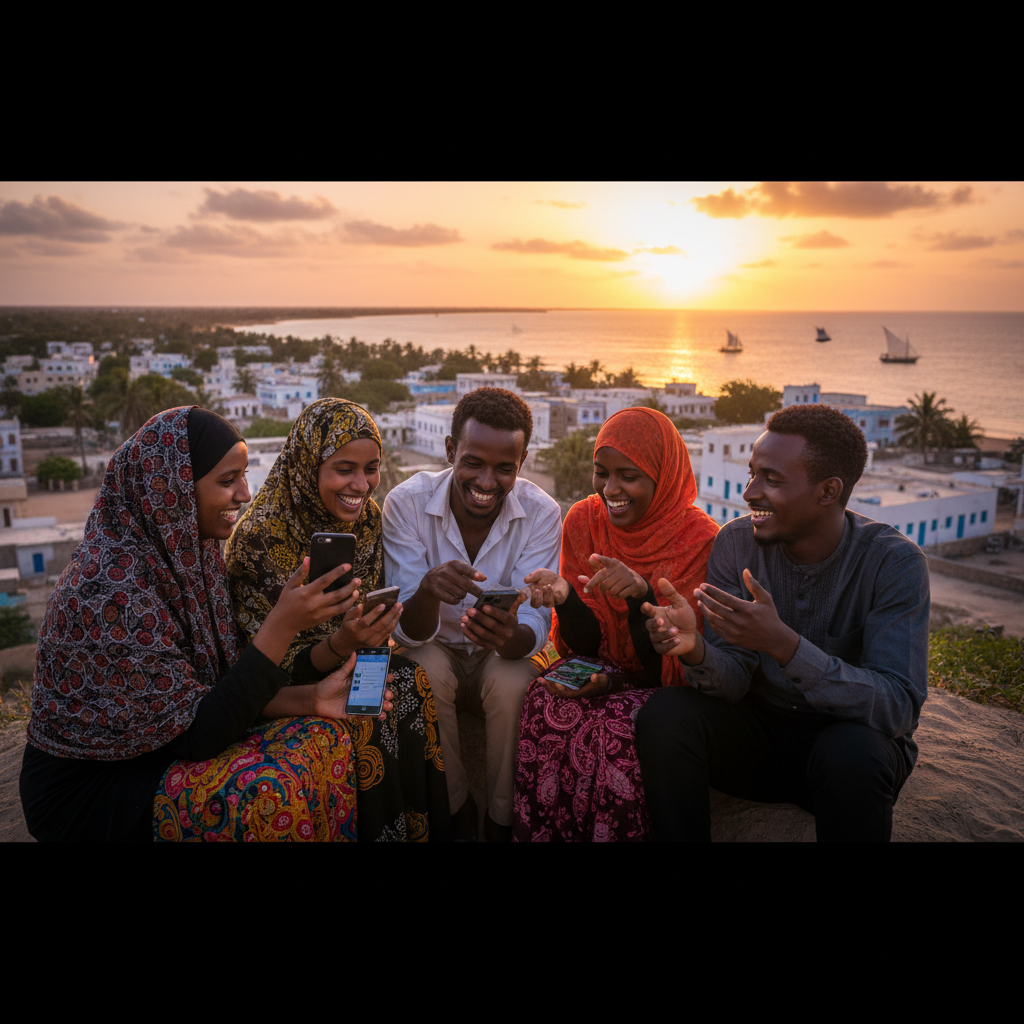 Young Somali people using smartphones social media trends horizontal
