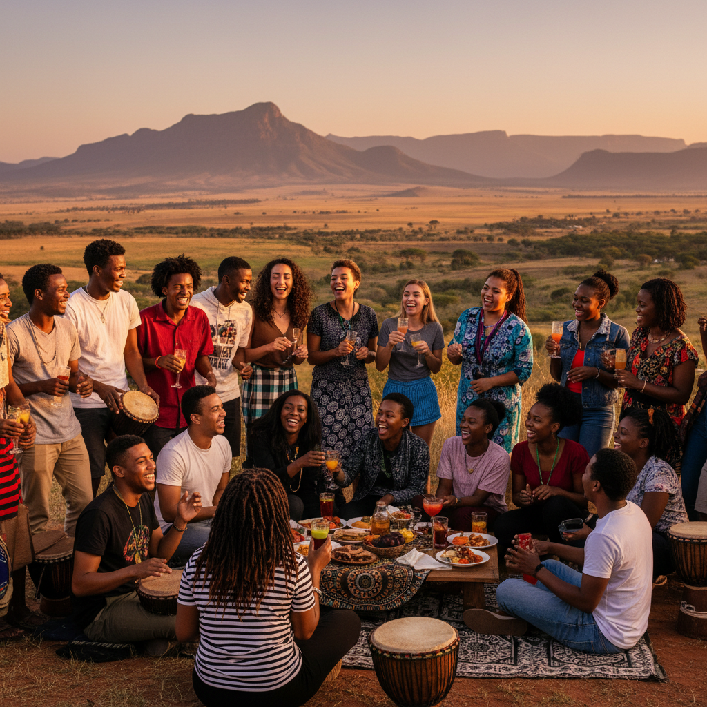 Diverse group of young South Africans smiling and connecting at a social gathering horizontal