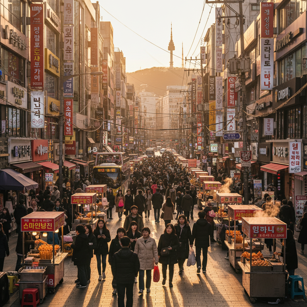 Busy street scene in Myeongdong, Seoul, South Korea, shopping