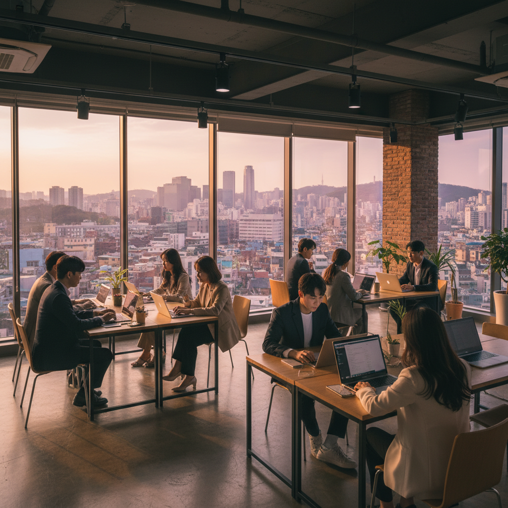 Young entrepreneurs working on laptops in a co-working space, South Korea, business