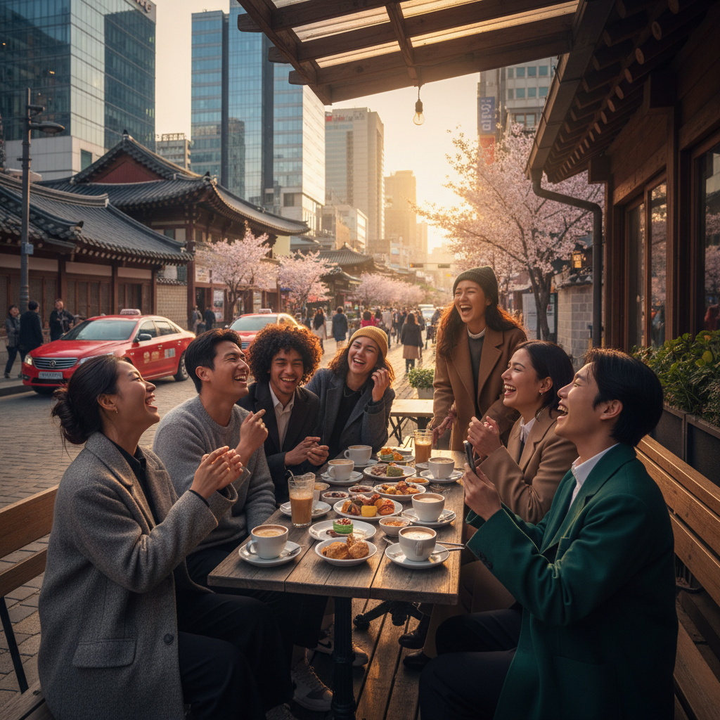 Diverse group of young adults laughing together at a cafe, South Korea, social gathering