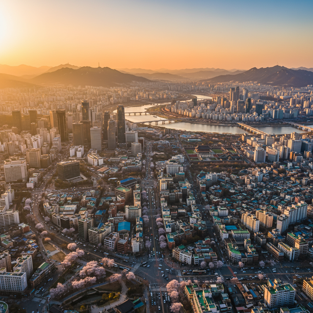 Aerial view of Seoul cityscape, South Korea, daytime