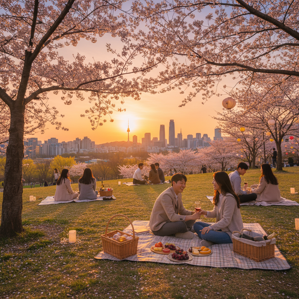 Romantic picnic scene in a park, Seoul, South Korea, couples