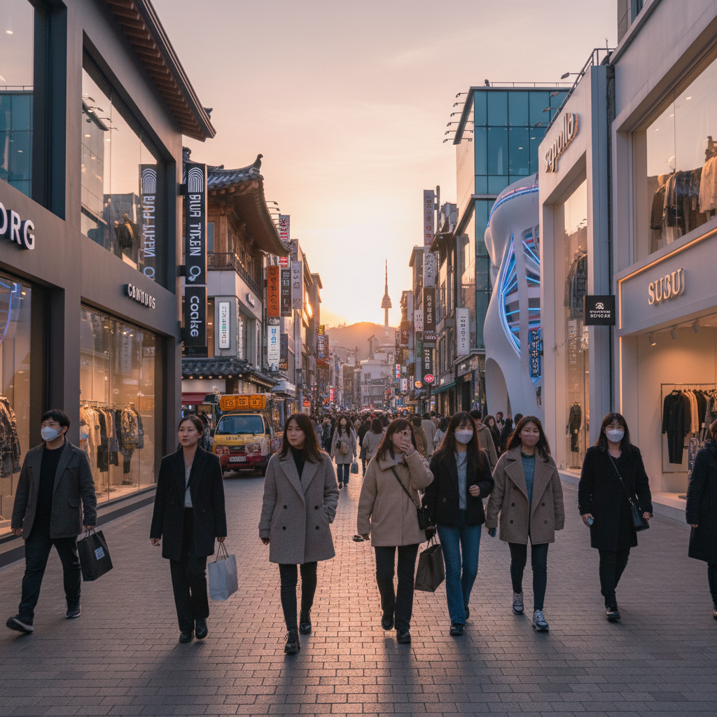 Popular shopping street with trendy boutiques, South Korea, fashion