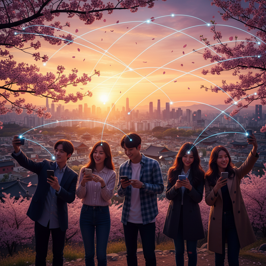 Young adults using smartphones, social media connection, South Korea