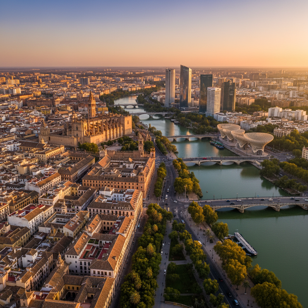 Aerial view of Seville's historic architecture and modern cityscape, horizontal