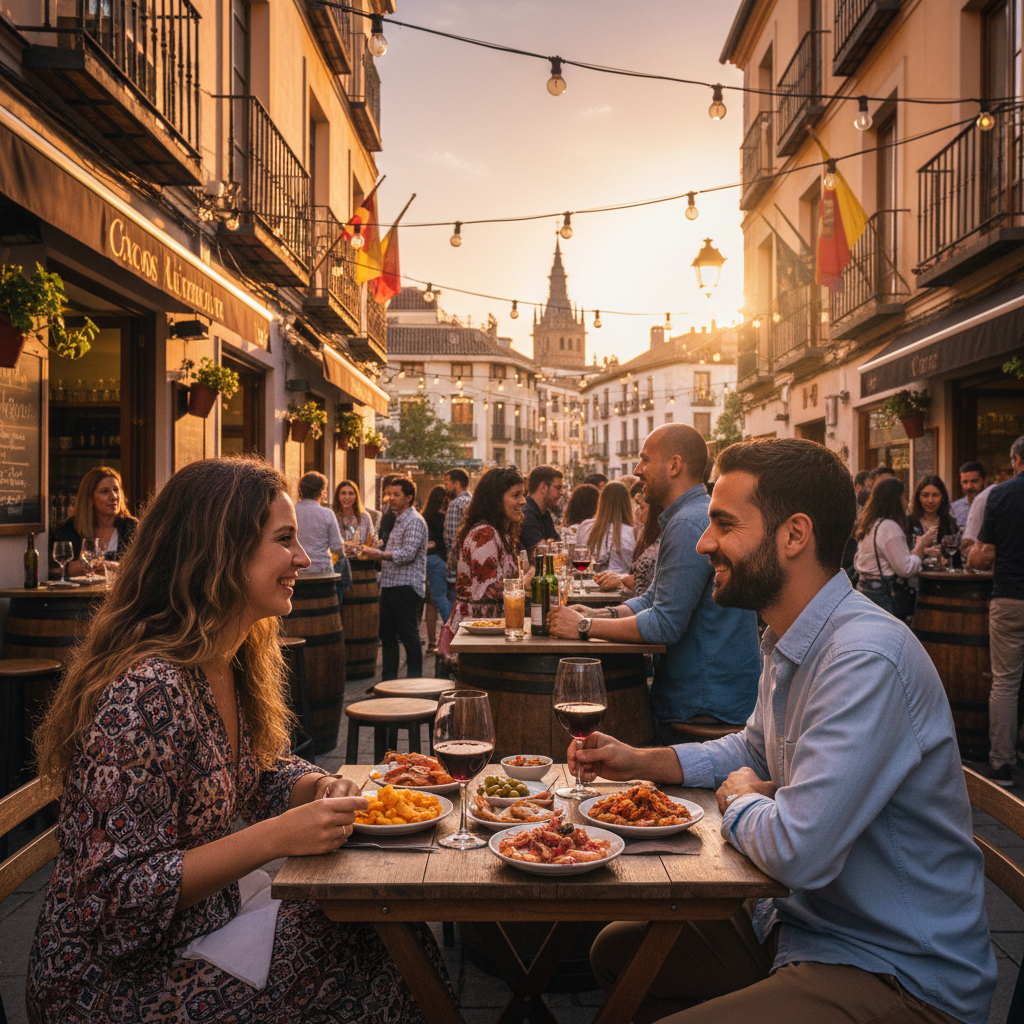 Couple on a first date at a lively tapas bar in Madrid, horizontal