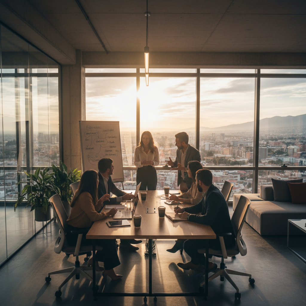 Group of Spanish entrepreneurs brainstorming in a modern office space, horizontal