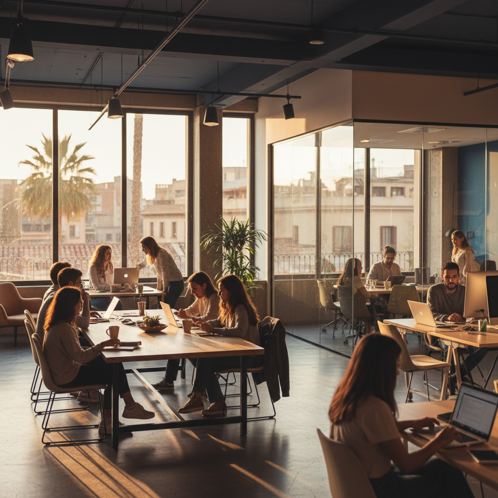 Modern co-working space buzzing with young professionals in Barcelona, horizontal