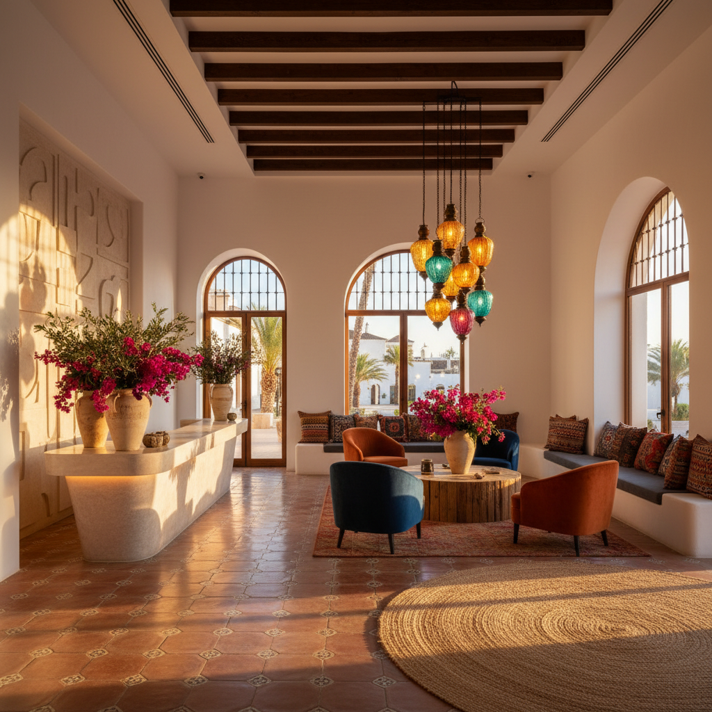 Stylish boutique hotel lobby with contemporary Spanish design, horizontal