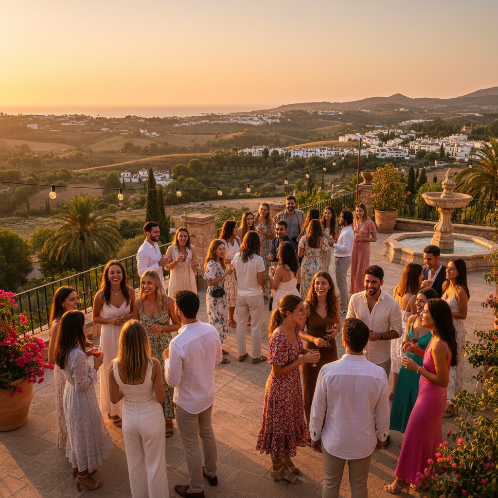 Diverse group of young adults laughing and engaging in conversation at a social event in Spain, horizontal