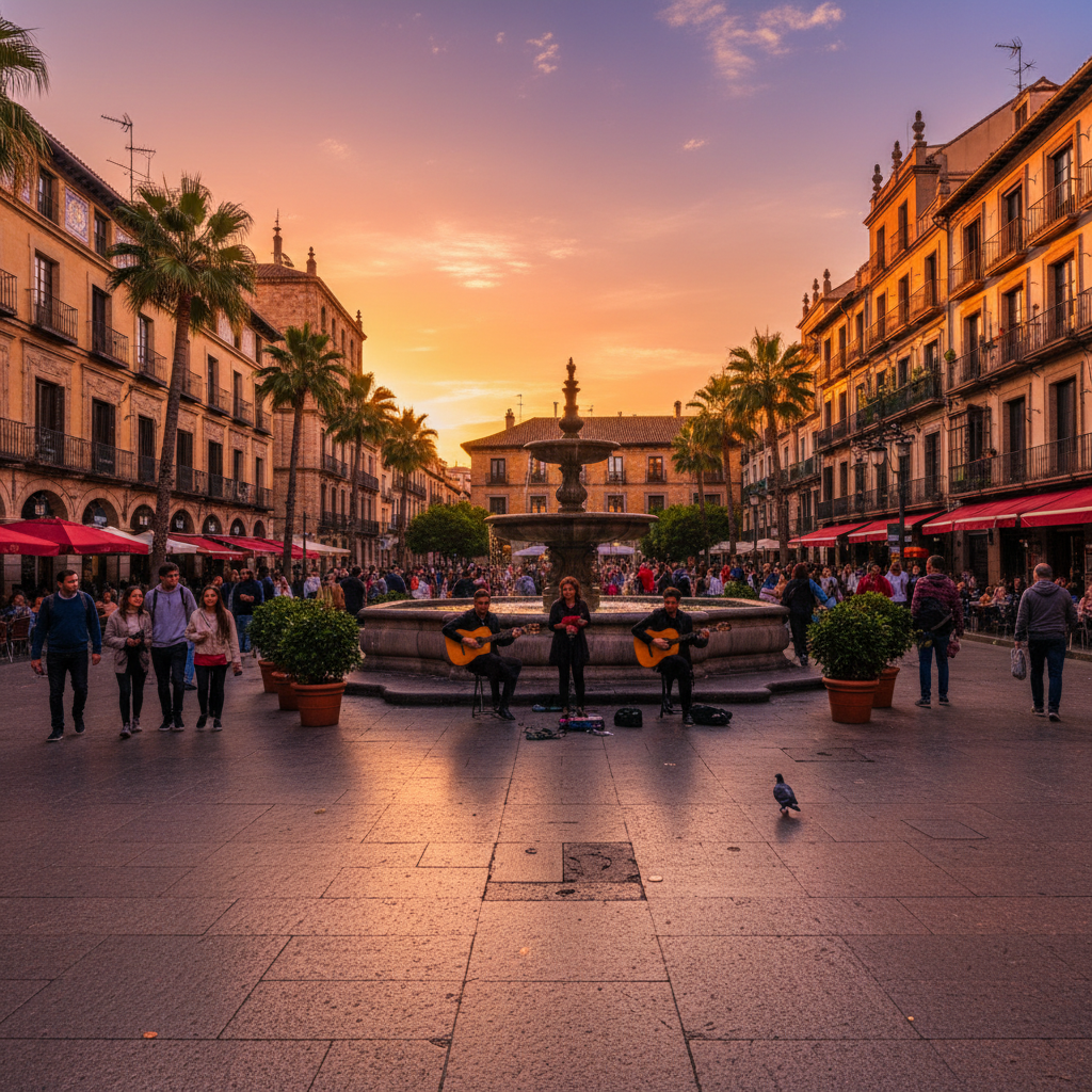Vibrant street life in a Spanish city square at sunset, horizontal