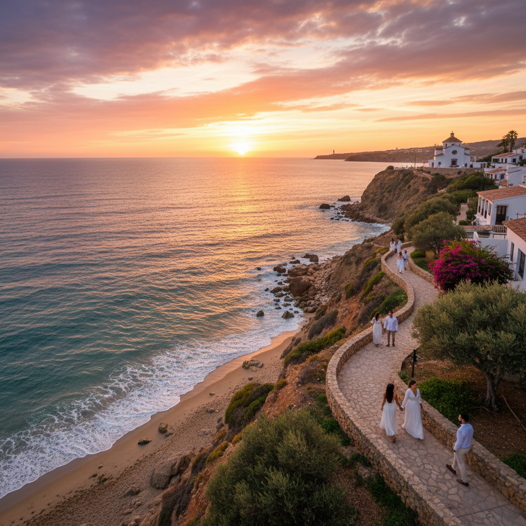Romantic evening walk along a Spanish coastline with couples, horizontal