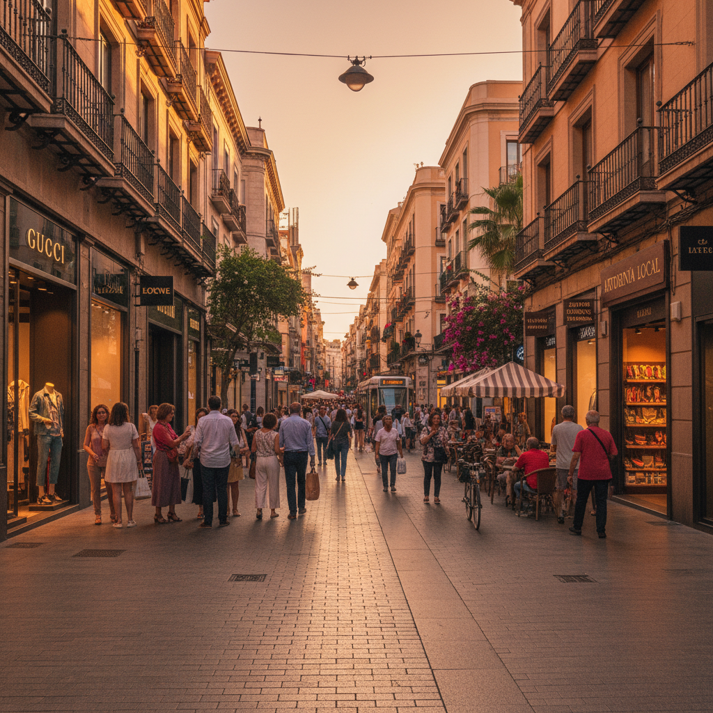 Bustling shopping street with a mix of high-end and local boutiques in Spain, horizontal