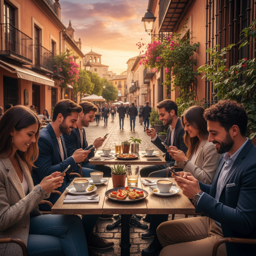 Young Spanish adults interacting with smartphones in a trendy cafe, horizontal