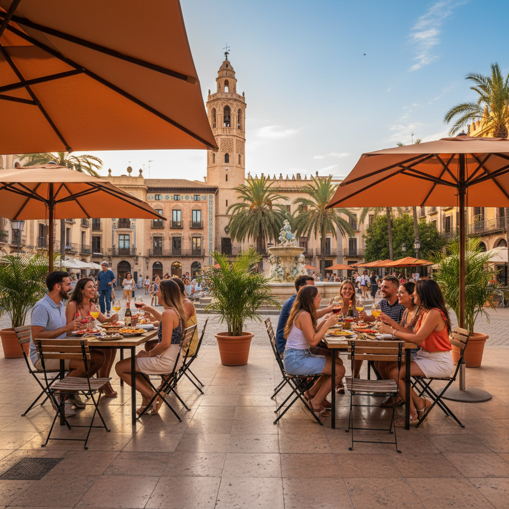 Friends gathering at a popular plaza with outdoor seating in Valencia, horizontal
