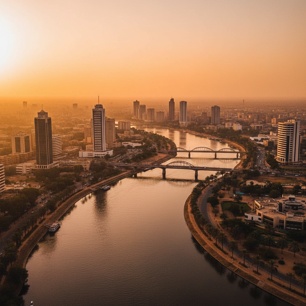 Aerial view of Khartoum skyline with the Blue Nile, Sudan, horizontal