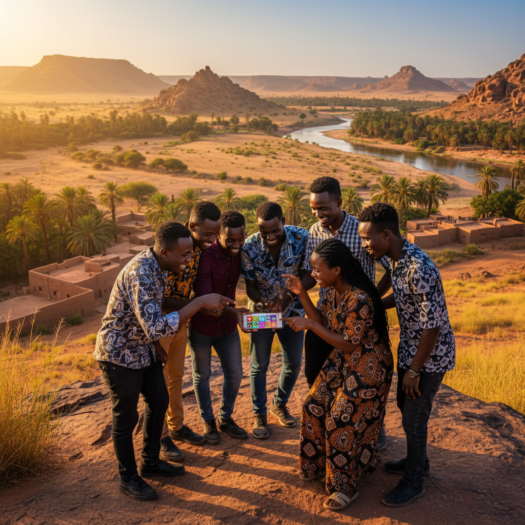 Diverse group of Sudanese friends interacting on a social media app on a phone, horizontal