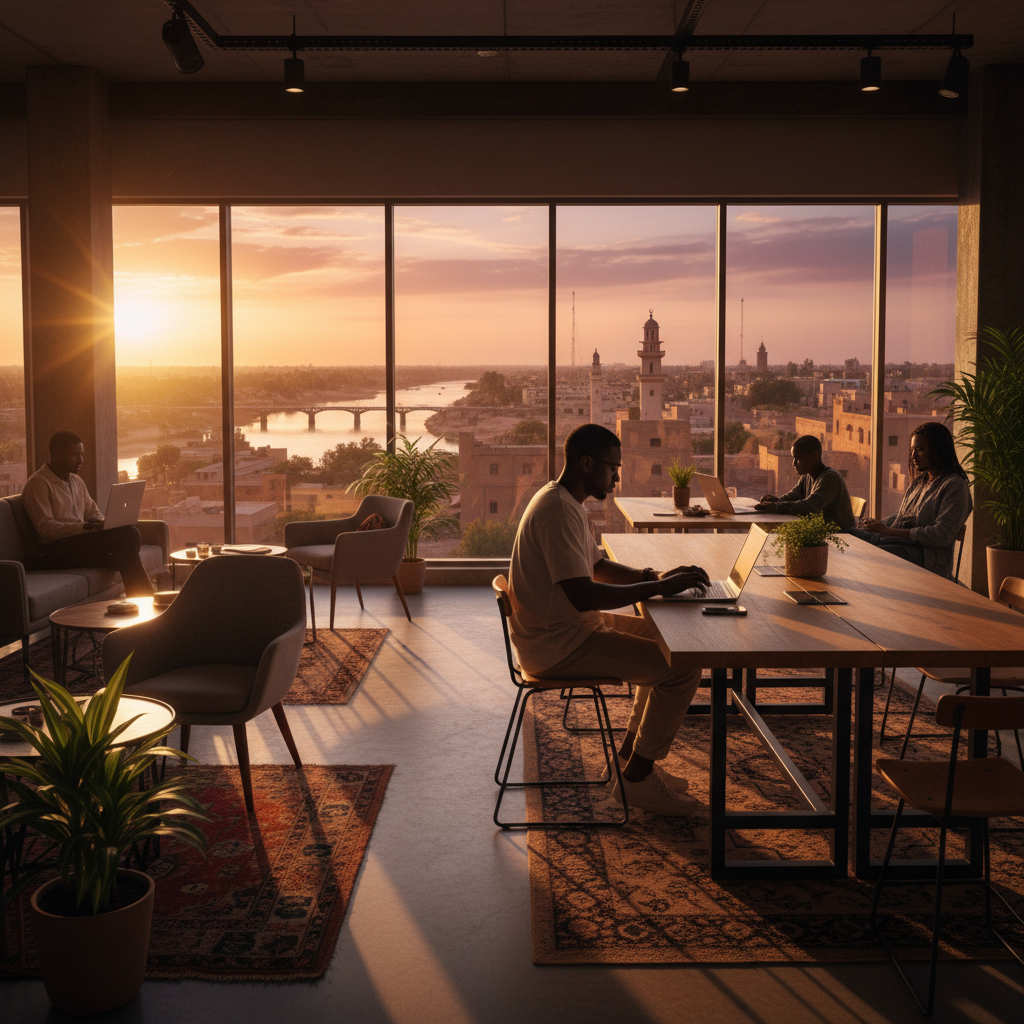 Person working on a laptop in a co-working space in Khartoum, Sudan, horizontal