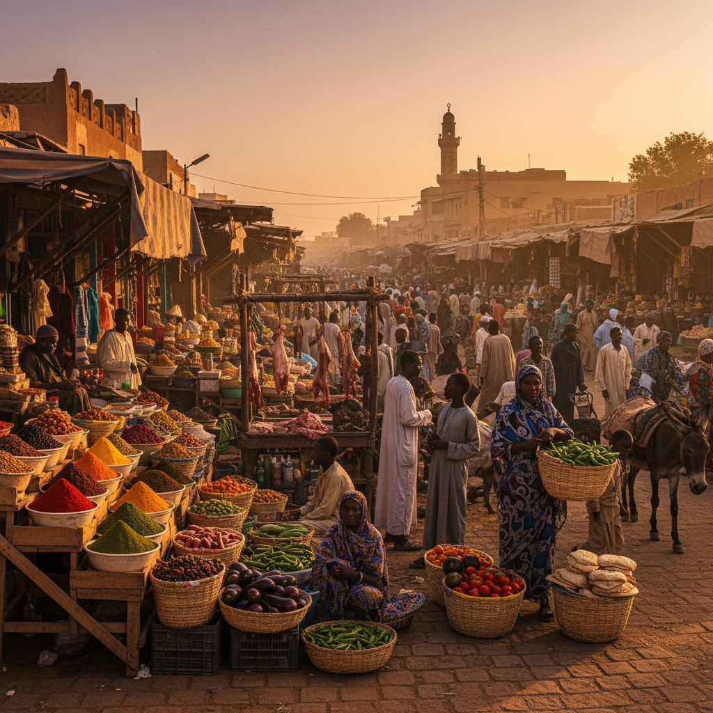 Busy street market in Omdurman, Sudan, showcasing local economy, horizontal