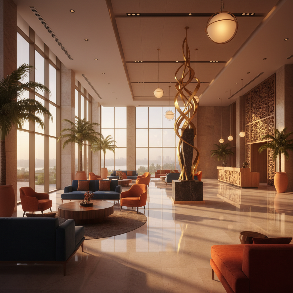 Interior of a contemporary hotel lobby in Khartoum, Sudan, horizontal