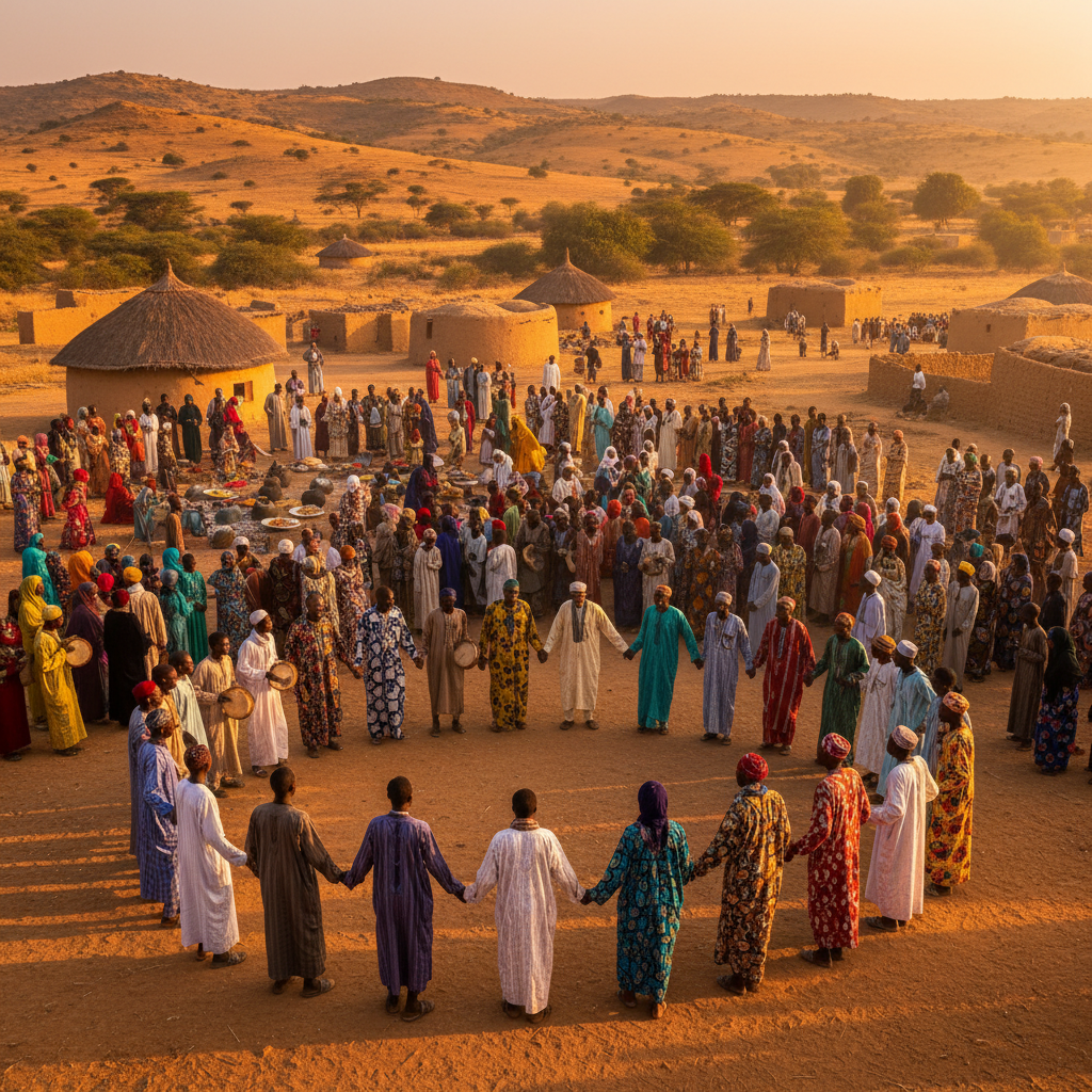 Group of diverse Sudanese people gathered for a community event, horizontal