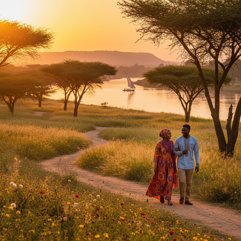Young Sudanese couple enjoying a walk in a park during sunset, Sudan, horizontal