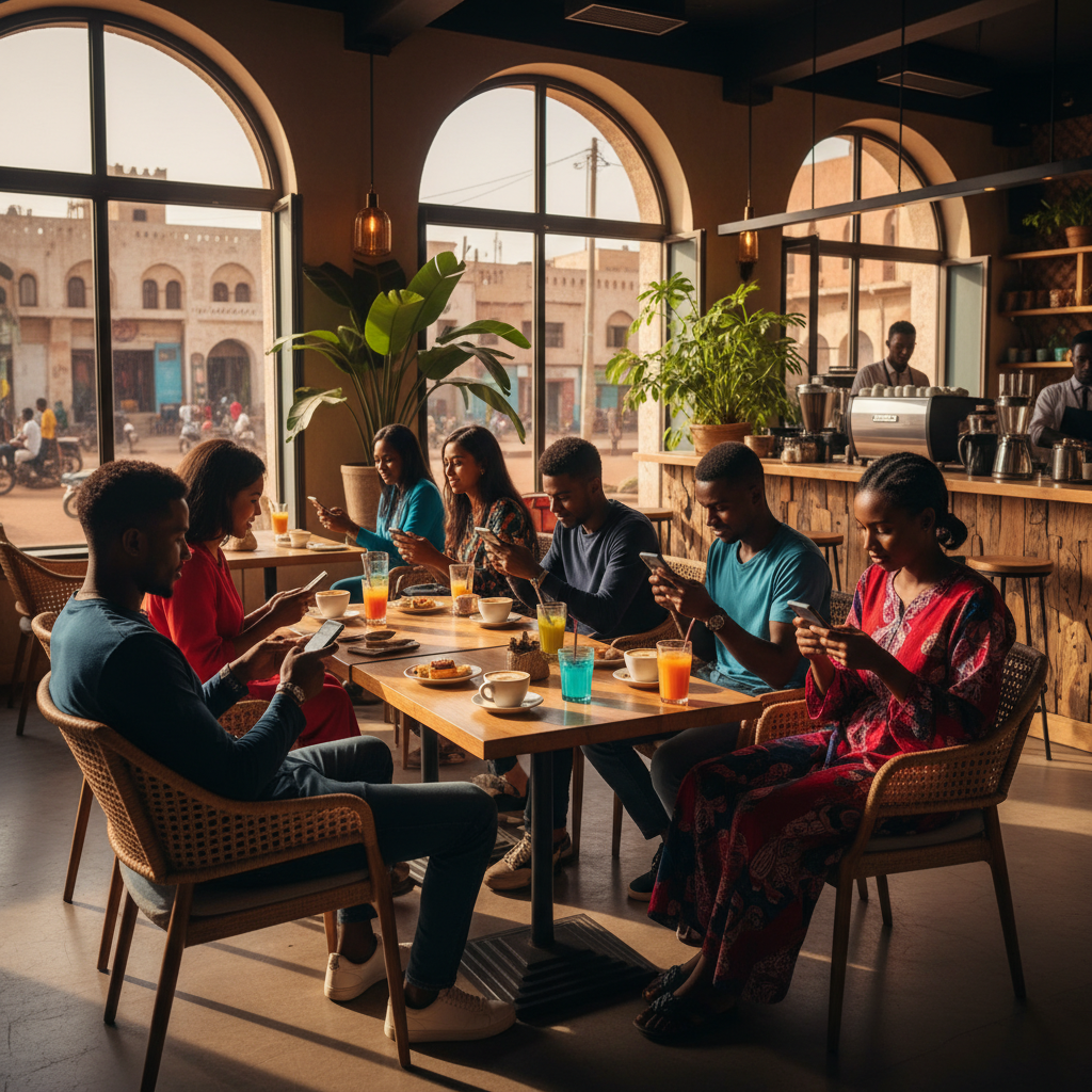 Young Sudanese adults using smartphones in a modern cafe, horizontal