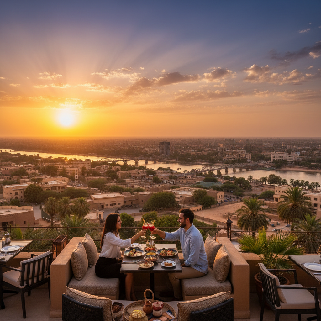 Couple sharing a meal at a rooftop restaurant in Khartoum, Sudan, horizontal