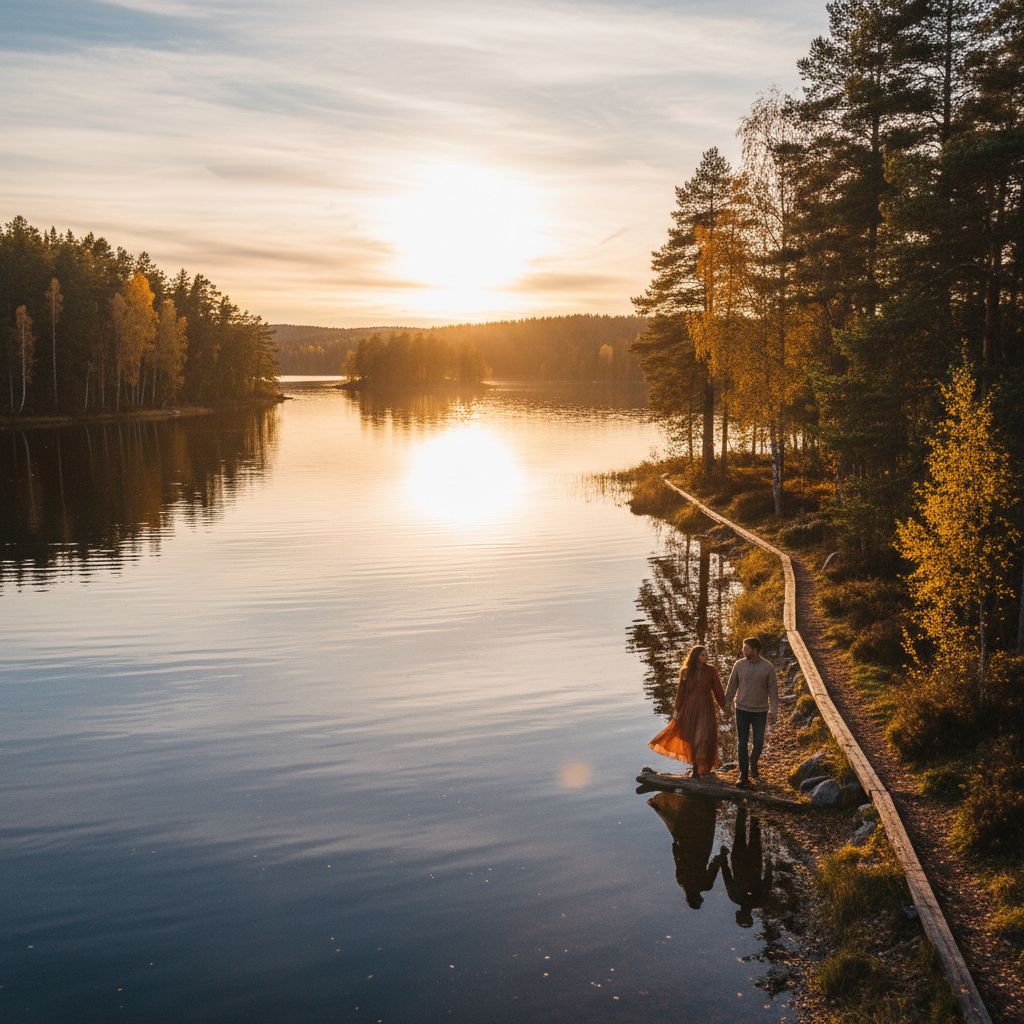 Romantic couple walking by a lake in Sweden