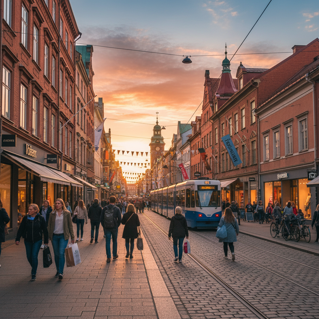 Bustling shopping street in Malmö