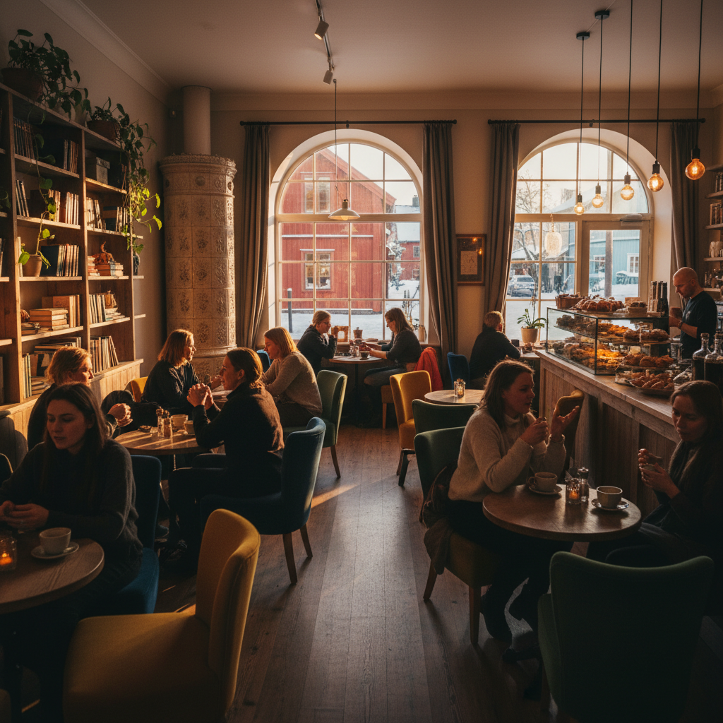 Cozy cafe interior with people chatting Sweden