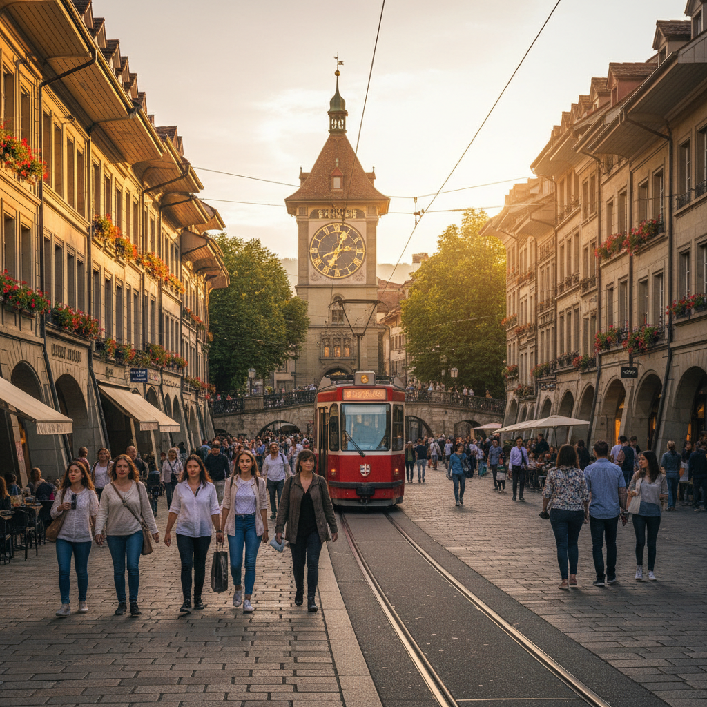 Bustling street scene in Bern, Switzerland