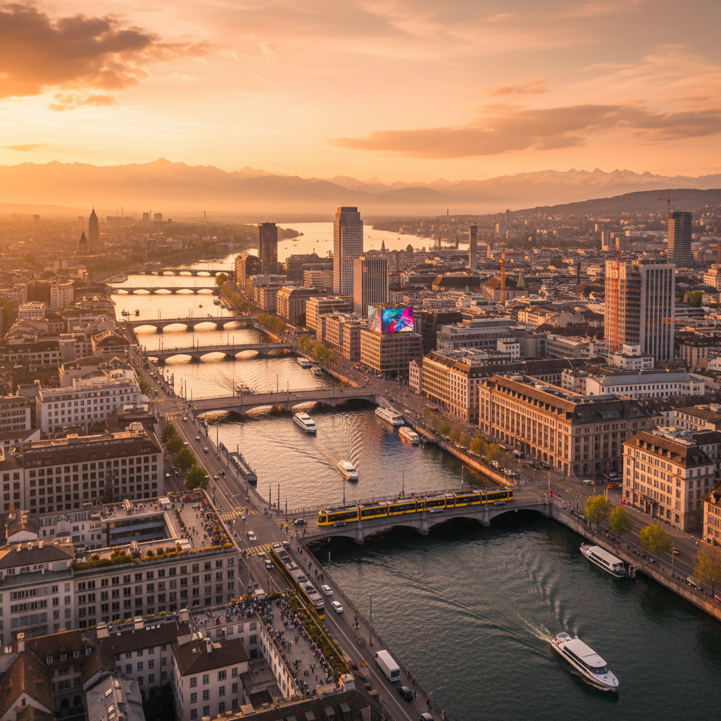 Modern Swiss cityscape showing economic activity, Zurich