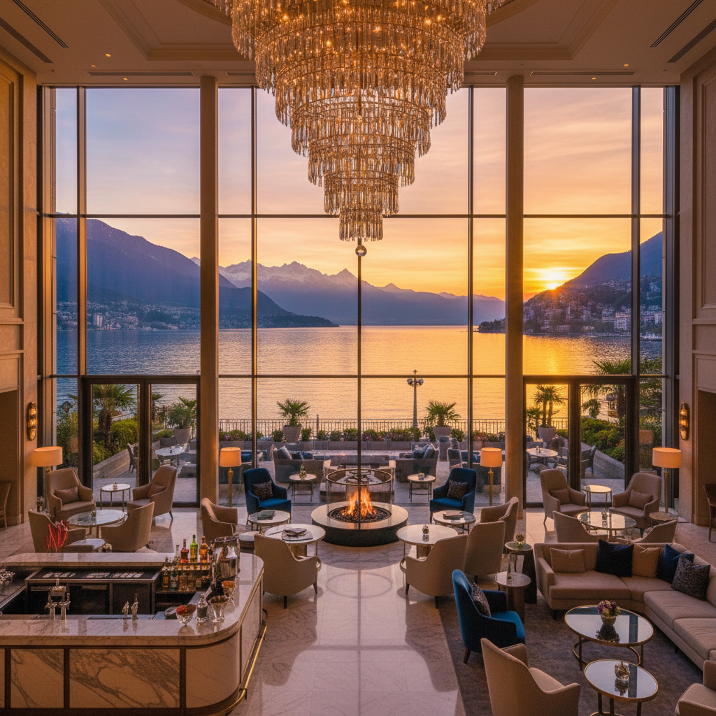 Luxury hotel lobby with a view of Lake Geneva, Switzerland
