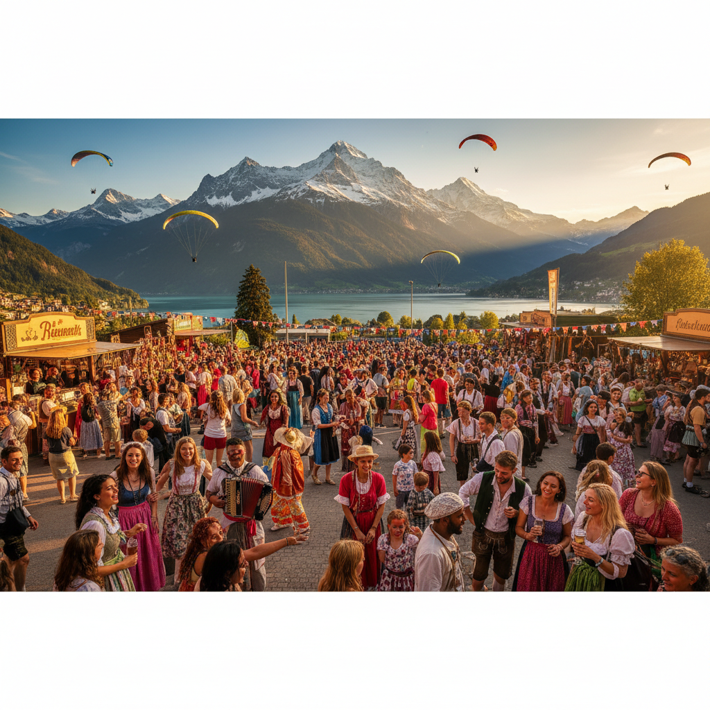 Diverse group of people attending a lively festival in Interlaken, Switzerland