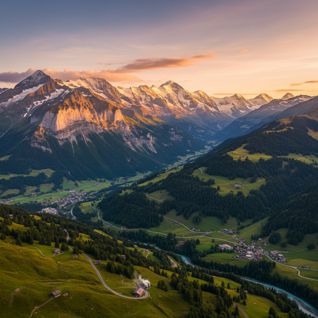 Panoramic overview of Swiss Alps landscape, Switzerland