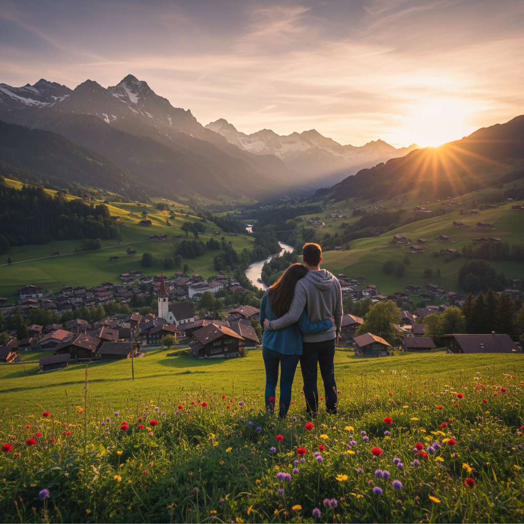 Romantic couple enjoying a scenic view in the Swiss countryside