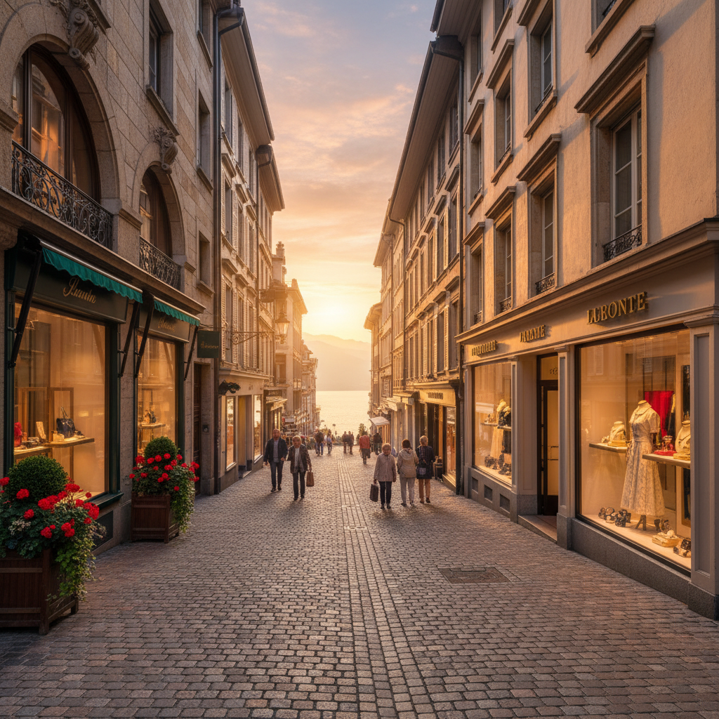 High-end boutique shops on a street in Lausanne, Switzerland