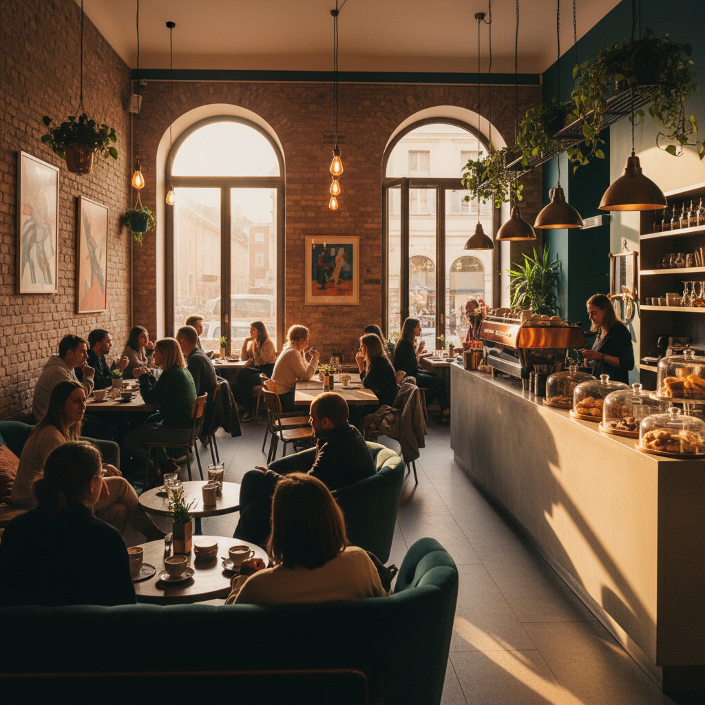 Trendy cafe interior with people socializing, Geneva