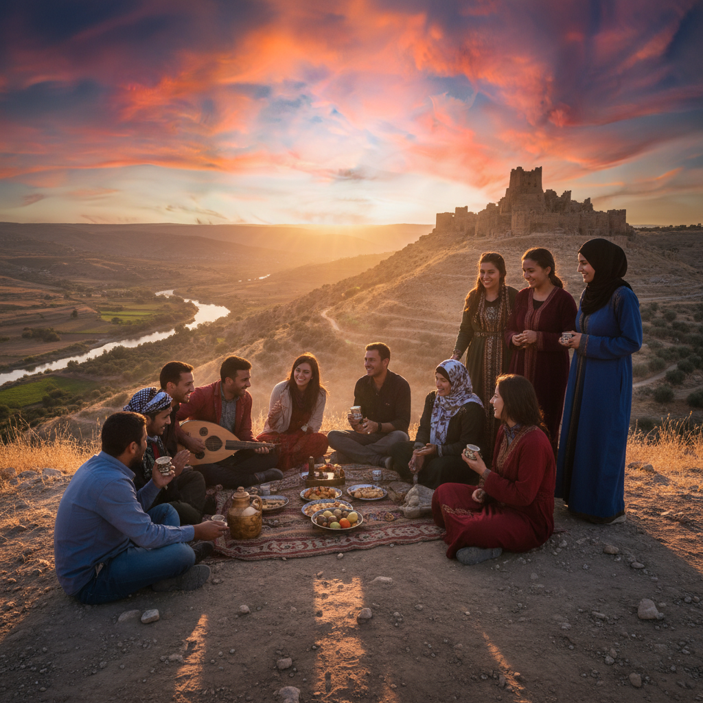 Group of diverse Syrians connecting, horizontal