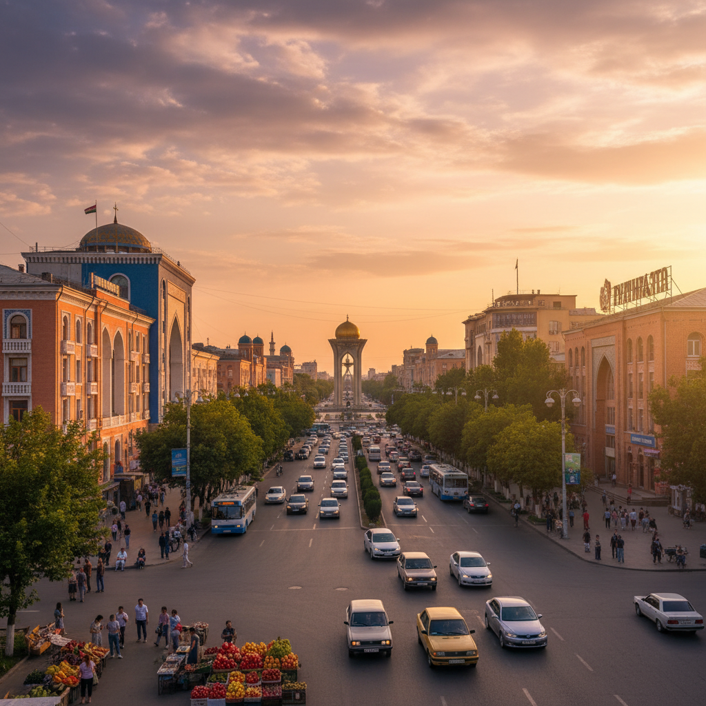Tajikistan vibrant city street life Dushanbe