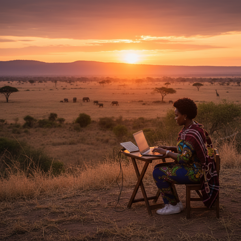 Tanzanian entrepreneur working laptop horizontal