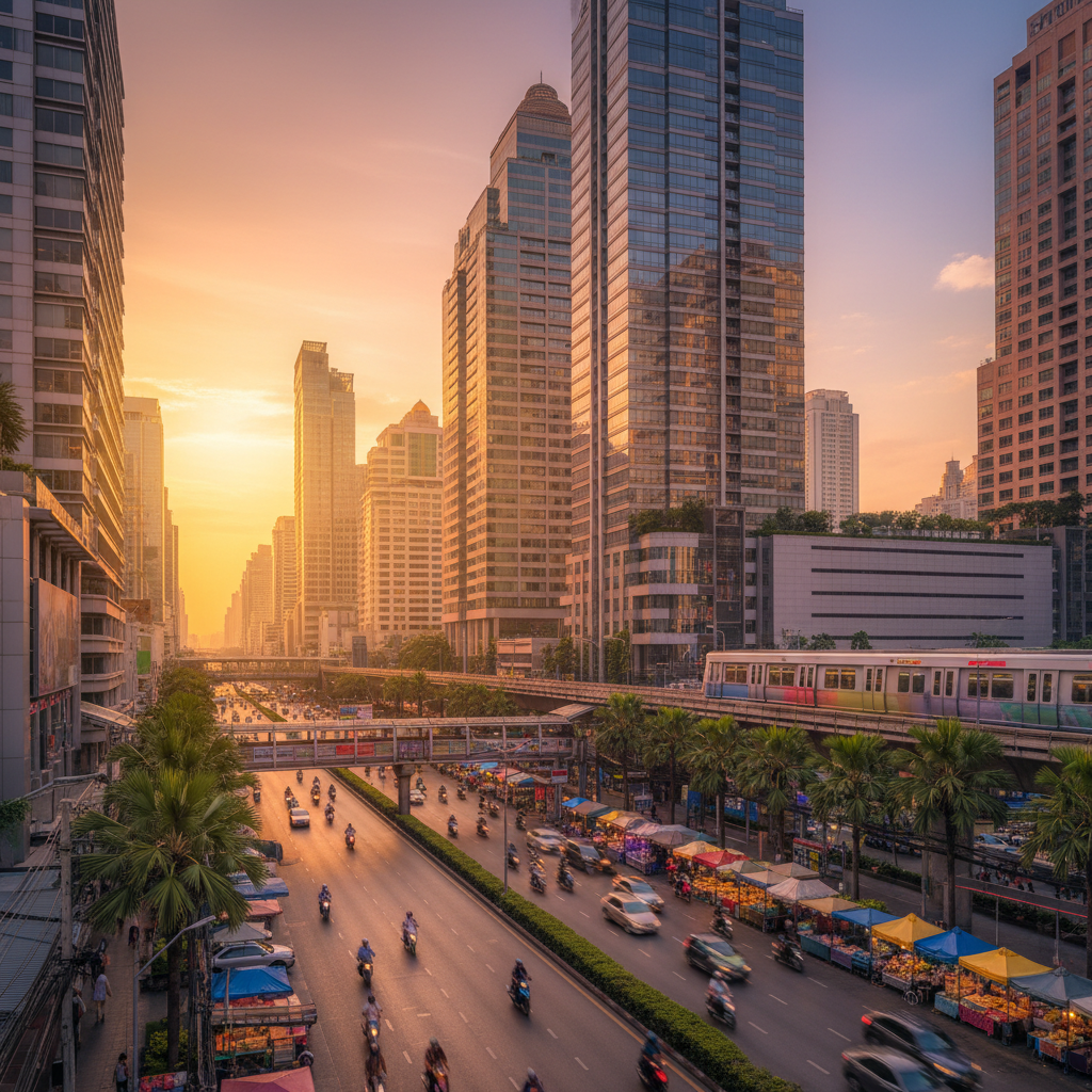 Bangkok street with modern buildings