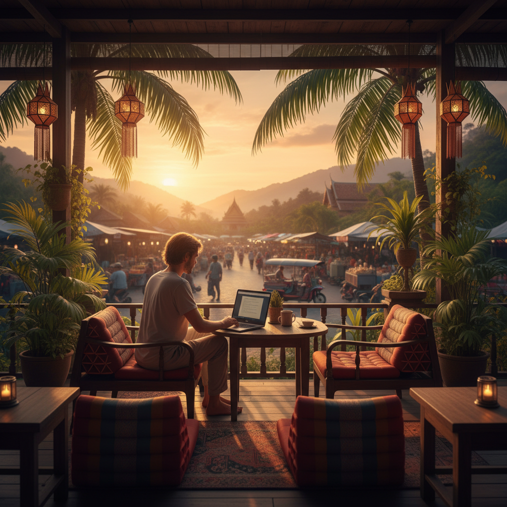 Person working on laptop in a cafe Thailand