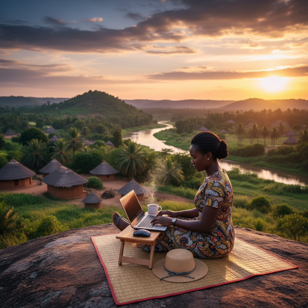 Togolese entrepreneur working on laptop horizontal