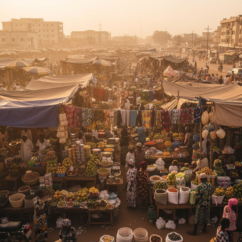 Busy market stalls in Togo horizontal