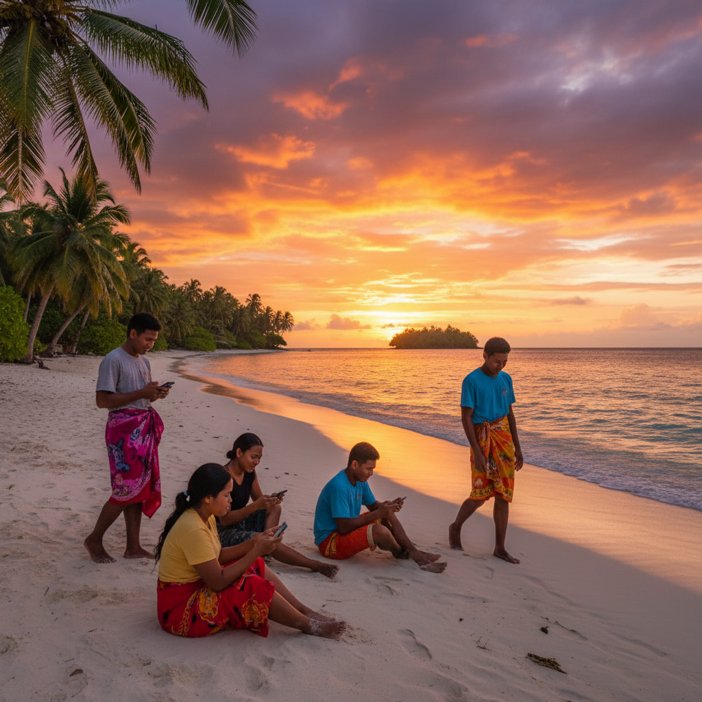 Young Tongans using smartphones beach